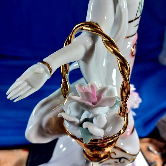 Vintage Delicate Porcelain Geisha Goddess Standing on Cloud With Flower Basket - Picture 11 of 16